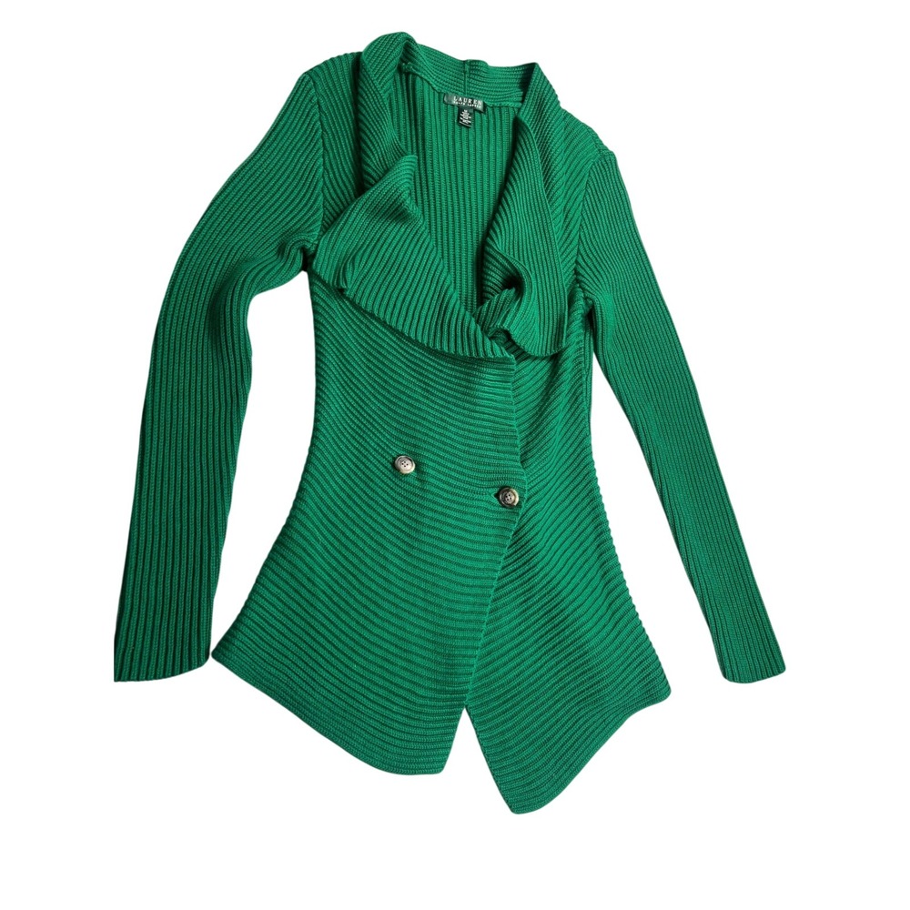 Lauren Ralph Lauren Womens M Green Ribbed Knit Shawl Collar Cardigan Sweater